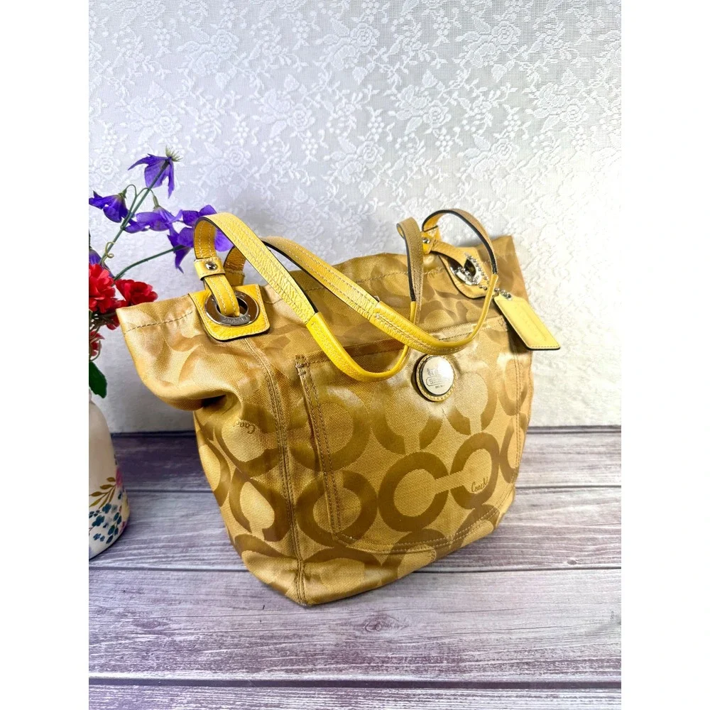 Coach Op Art Maggie Shoulder Bag Mustard‎ Yellow Jacquard Patent Leather 14264